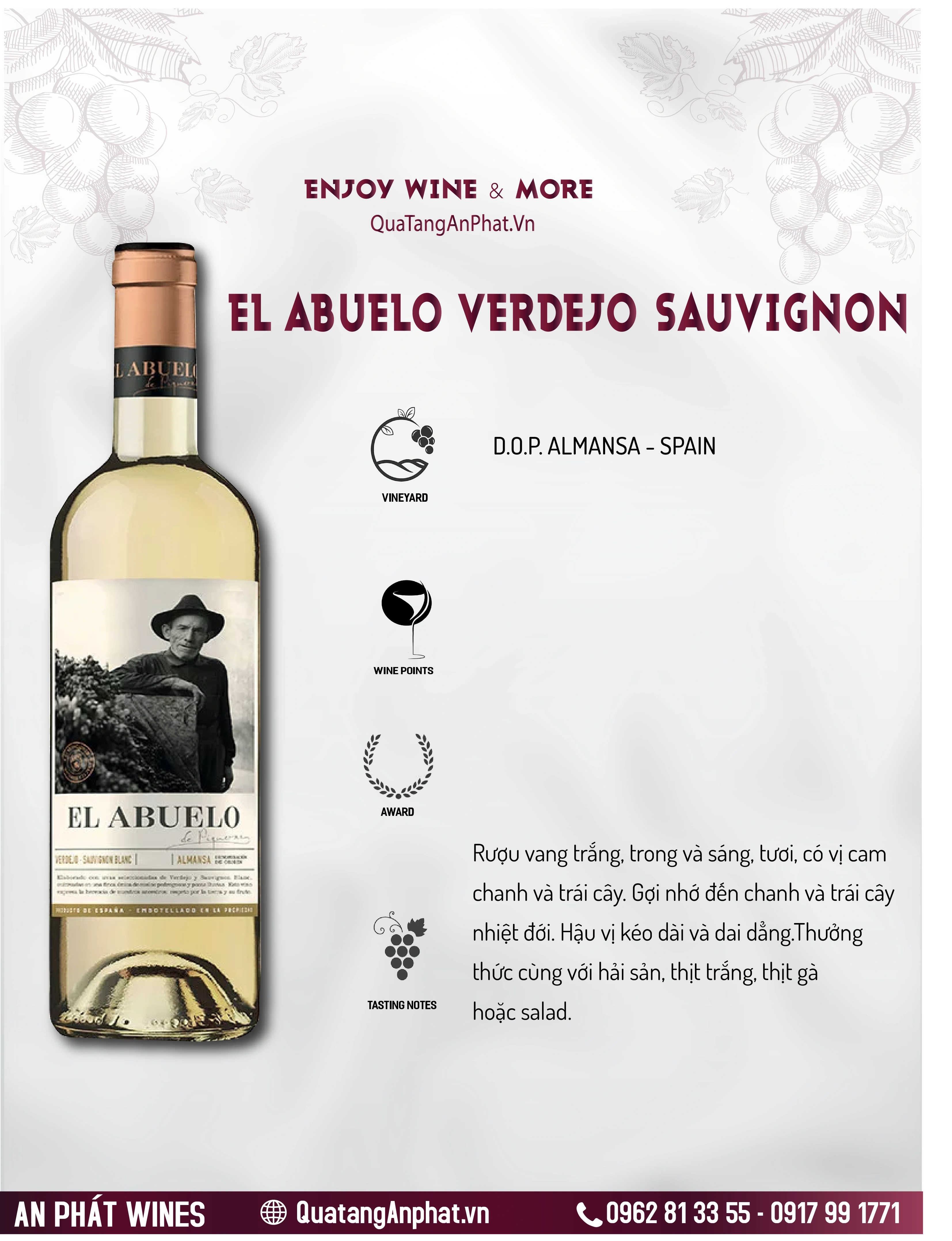 Rượu vang trắng  El Abuelo Verdejo Sauvignon Spain 750ml 12.5% ?? Rượu vang trắng  El Abuelo Verdejo Sauvignon Spain 750ml 12.5%