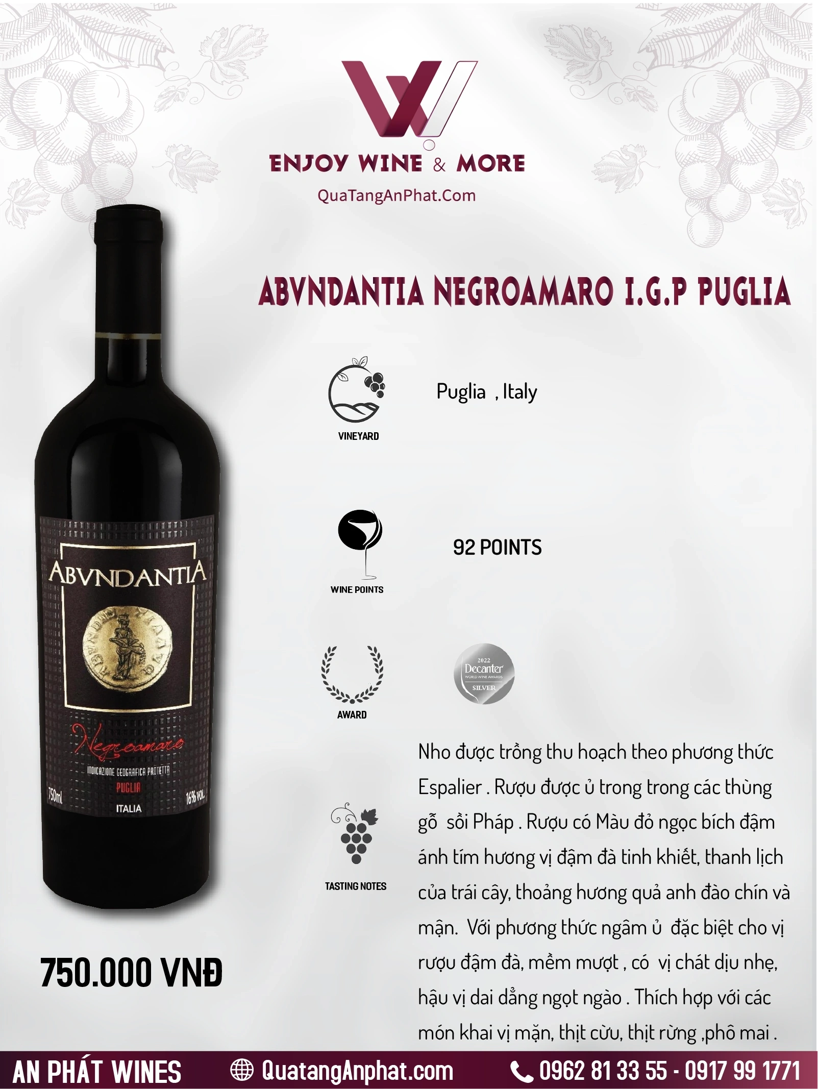 Rượu vang đỏ organic  Abvndantia Negroamaro I.G.P Puglia Italy 750ml 16% ?? Rượu vang đỏ organic  Abvndantia Negroamaro I.G.P Puglia Italy 750ml 16%
