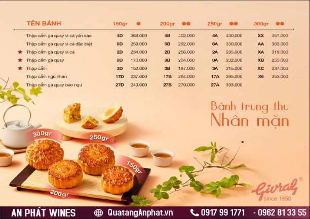 Bảng giá bánh trung thu GIVRAL 2024