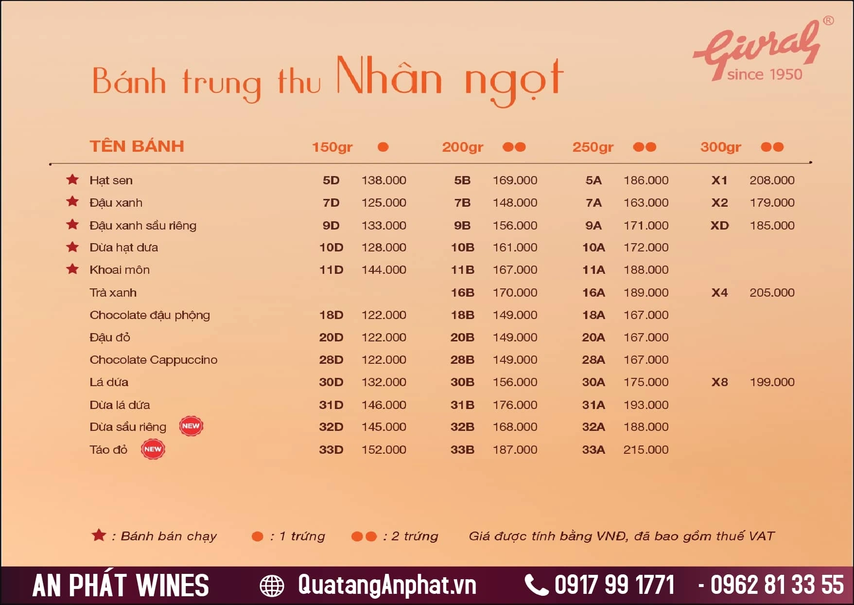 Bảng giá bánh trung thu GIVRAL 2024 ?? Bảng giá bánh trung thu GIVRAL 2024