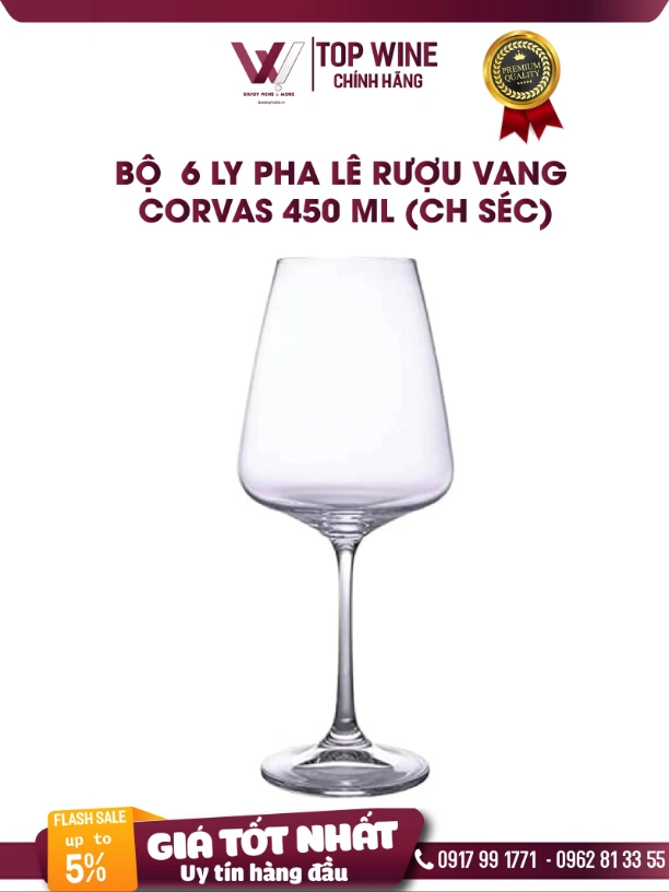Bộ  6 ly pha lê rượu vang Corvas 450 ml (CH Séc)