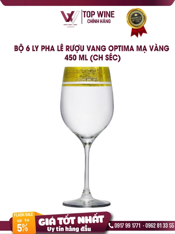 Bộ 6 ly pha lê rượu vang Optima Mạ vàng khảm vàng 450 ml (CH Séc)
