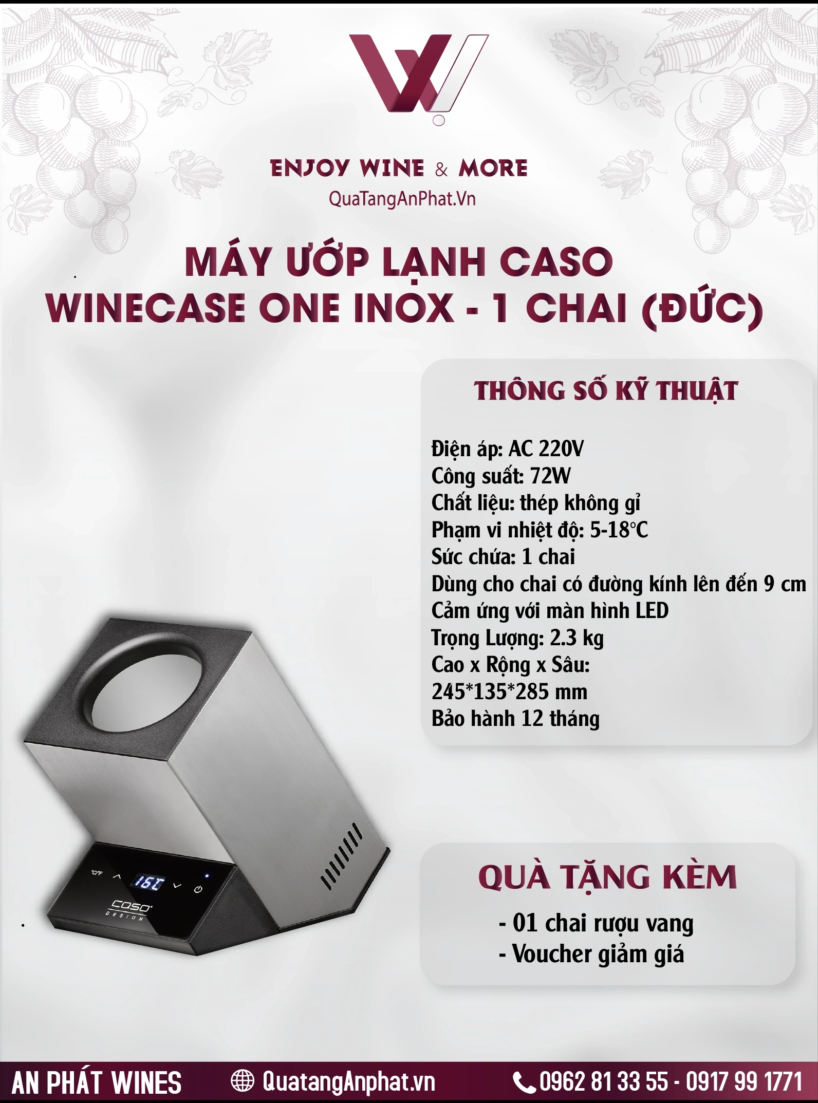 Máy ướp lạnh Caso CASO WineCase One Inox - 1 chai (Đức) ?? Máy ướp lạnh Caso CASO WineCase One Inox - 1 chai (Đức)