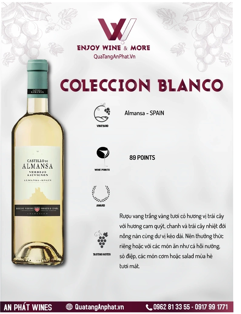 Rượu vang trắng  Castillo de Almansa Coleccion Blanco Spain 750ml ?? Rượu vang trắng  Castillo de Almansa Coleccion Blanco Spain 750ml  