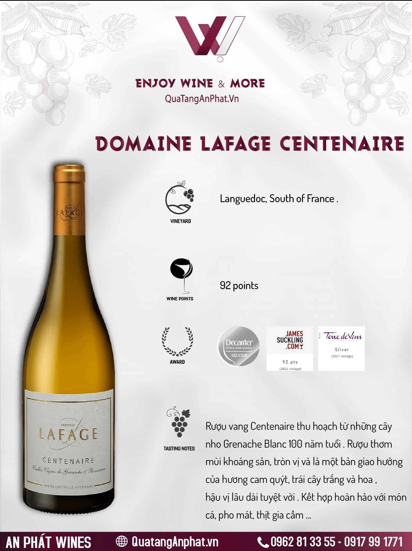 Rượu vang trắng  Domaine Lafage Centenaire Pháp 750ml 13% ?? Rượu vang trắng  Domaine Lafage Centenaire Pháp 750ml 13%