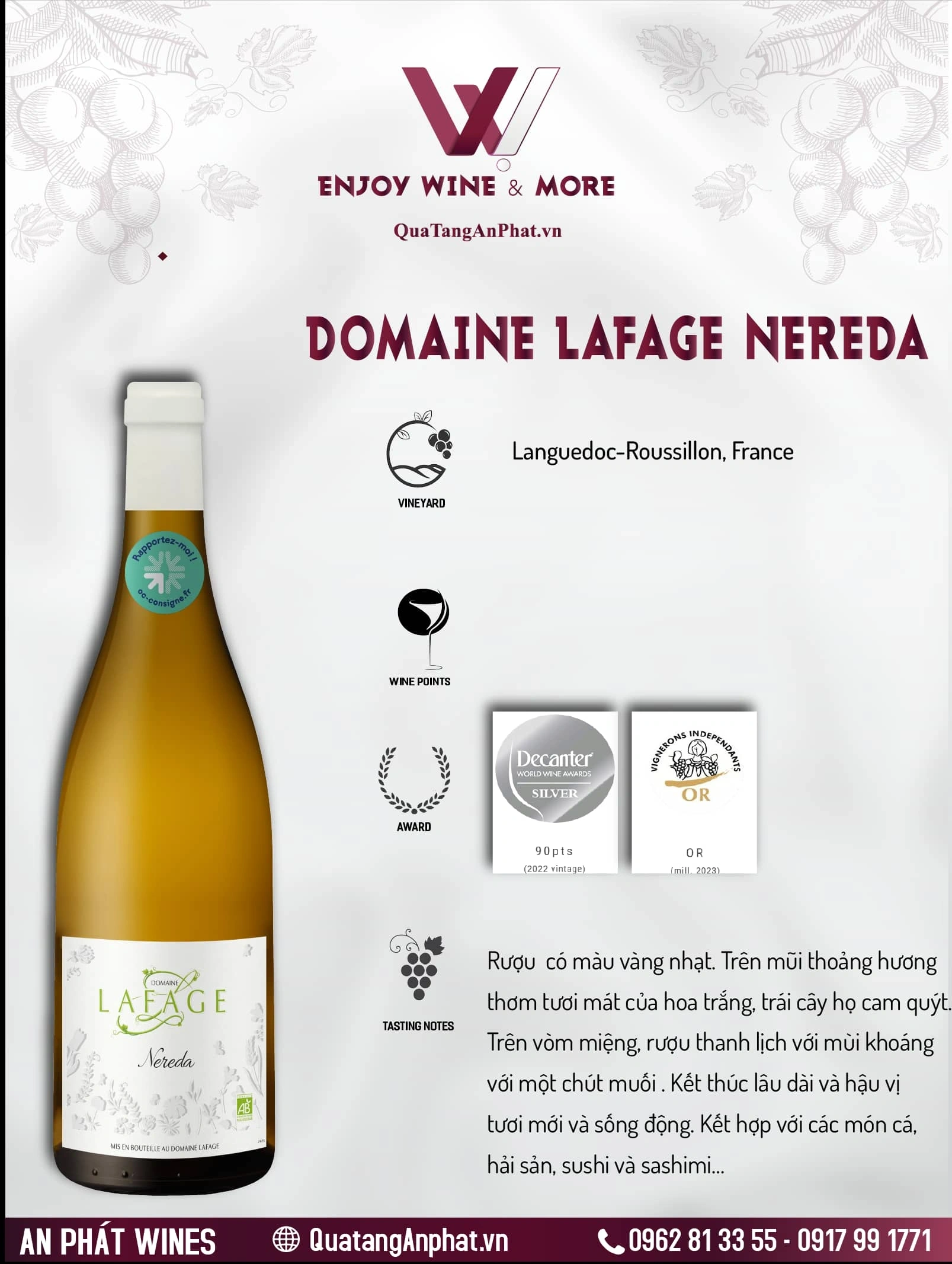 Rượu vang trắng  Domaine Lafage Nereda Pháp 750ml 13% ?? Rượu vang trắng  Domaine Lafage Nereda Pháp 750ml 13%