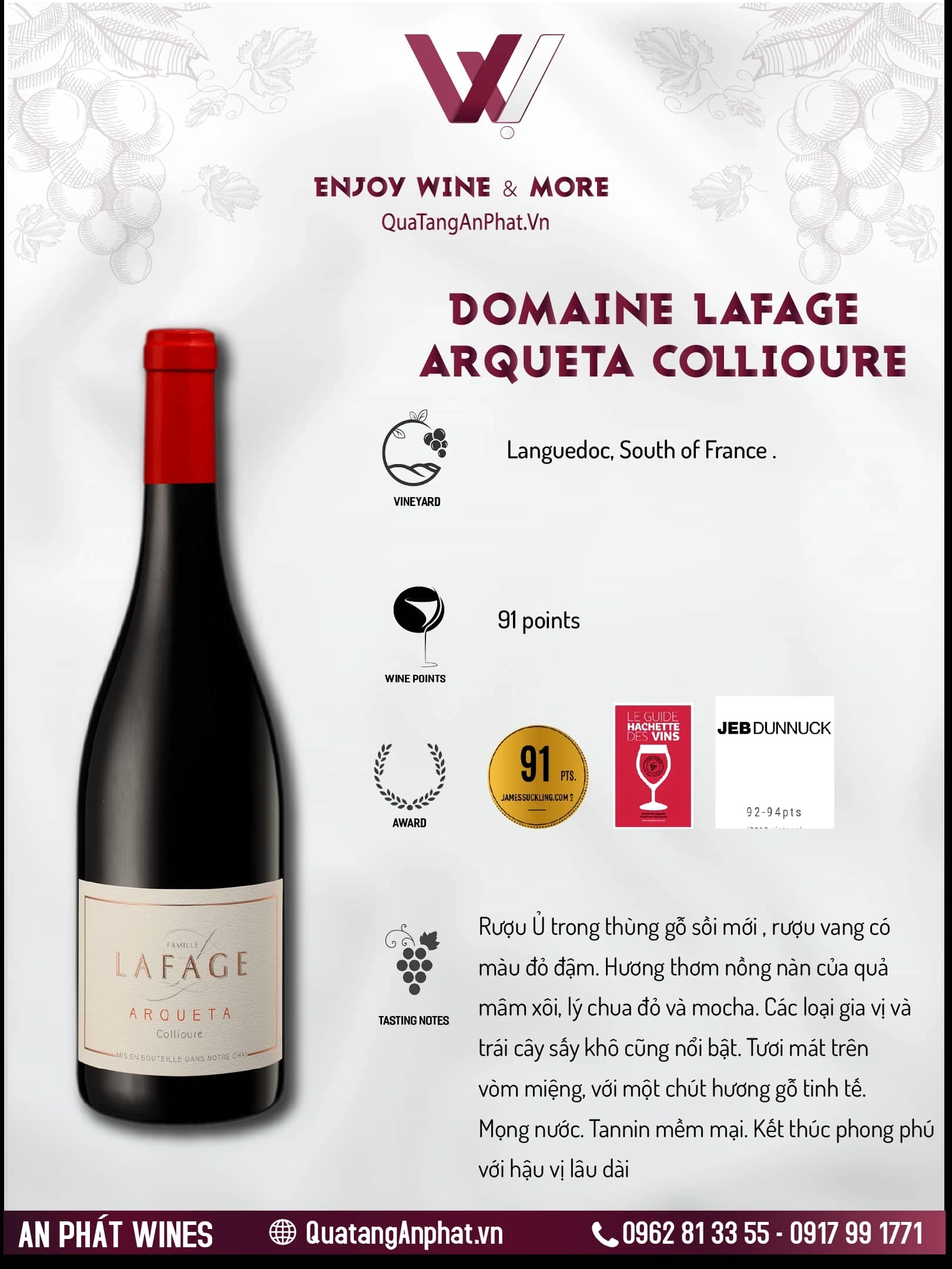 Rượu vang đỏ Domaine Lafage Arqueta Collioure Pháp 750ml 15% ?? Rượu vang đỏ Domaine Lafage Arqueta Collioure Pháp 750ml 15%