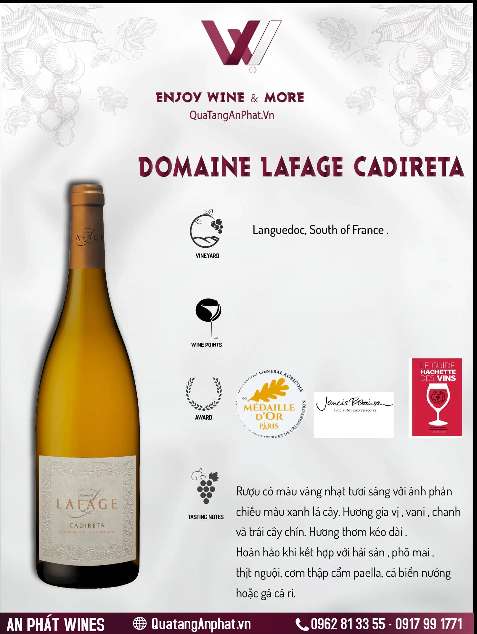 Rượu vang trắng  Domaine Lafage Cadireta Pháp 750ml 13% ?? Rượu vang trắng  Domaine Lafage Cadireta Pháp 750ml 13%