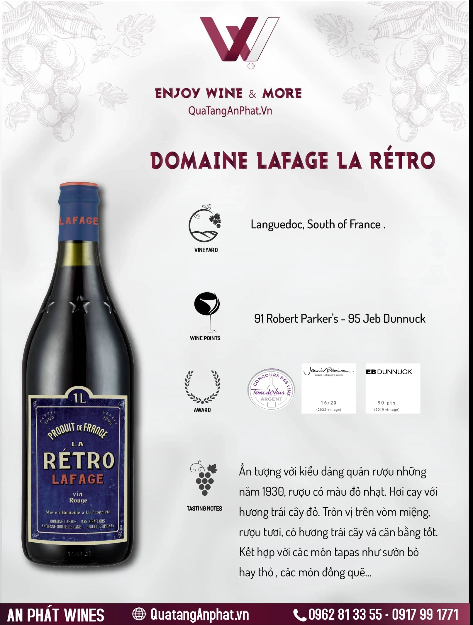 Rượu vang đỏ Domaine Lafage La Rétro Pháp 750ml 12.5% ?? Rượu vang đỏ Domaine Lafage La Rétro Pháp 750ml 12.5%