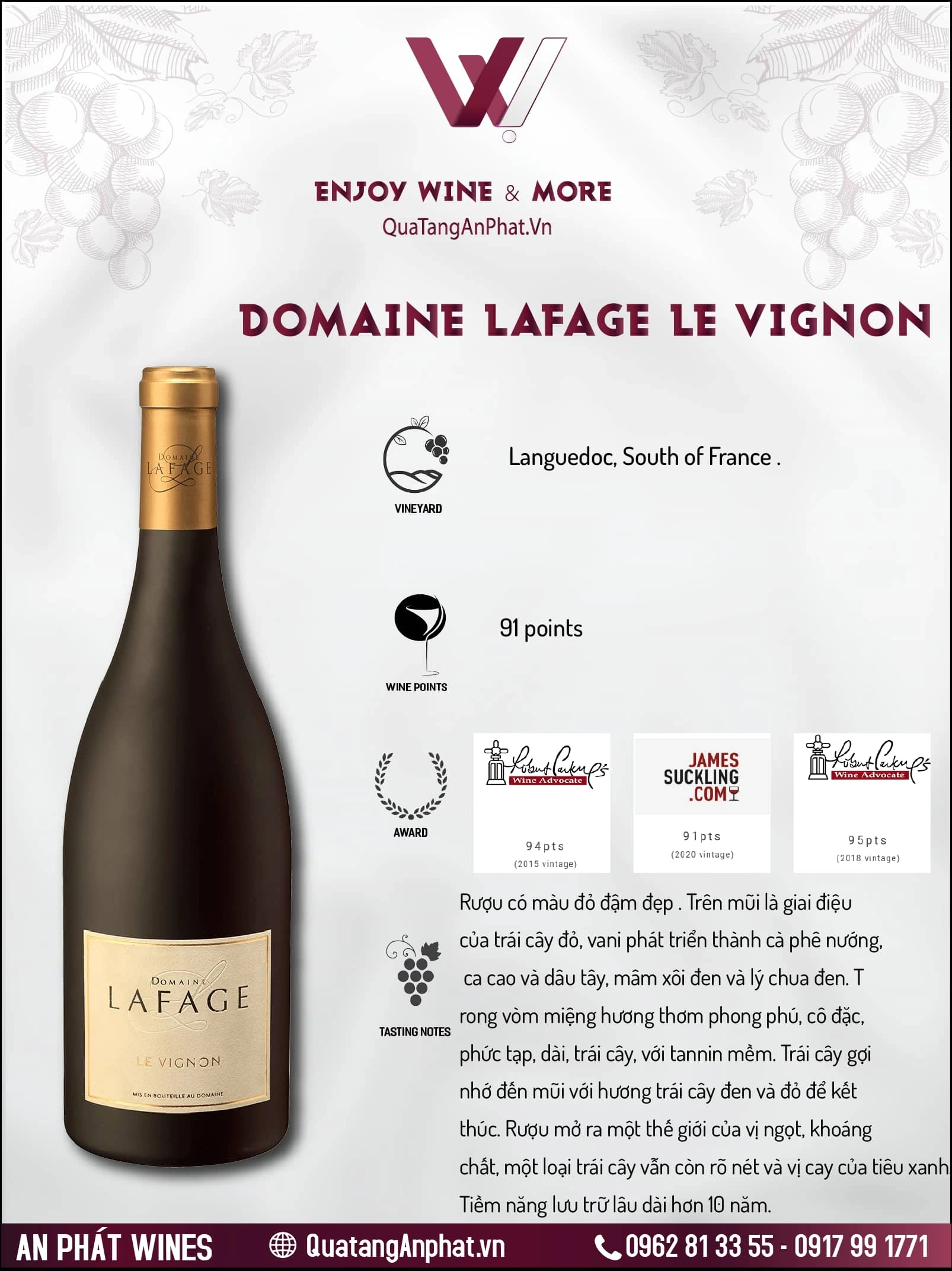 Rượu vang đỏ Domaine Lafage Le Vignon Pháp 750ml 15% ?? Rượu vang đỏ Domaine Lafage Le Vignon Pháp 750ml 15%