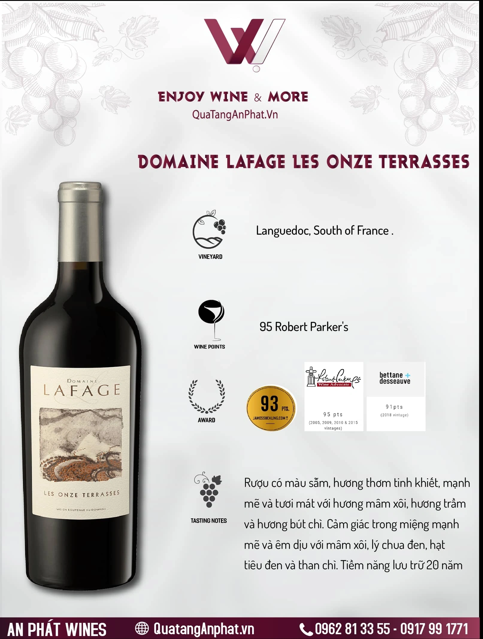 Rượu vang đỏ Domaine Lafage Les Onze Terrasses Pháp 750ml 15% ?? Rượu vang đỏ Domaine Lafage Les Onze Terrasses Pháp 750ml 15%