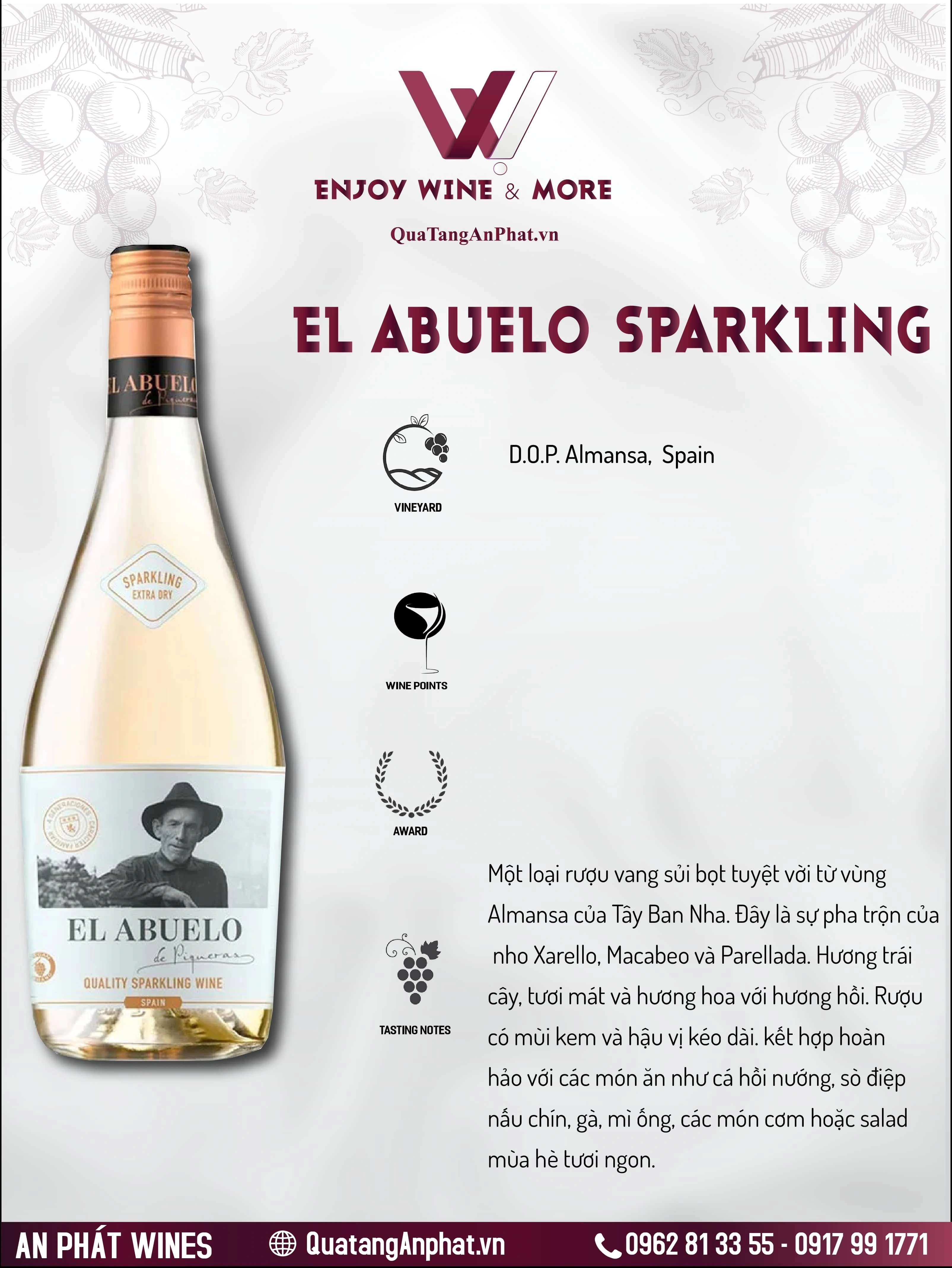 Rượu vang Sparkling El Abuelo Sparkling Spain 750ml 11.5%  ?? Rượu vang Sparkling El Abuelo Sparkling Spain 750ml 11.5% 