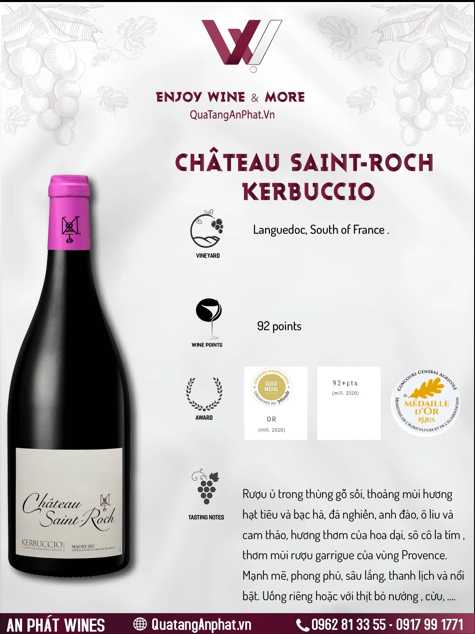 Rượu vang đỏ Domaine Lafage Château Saint-Roch Kerbuccio Pháp 750ml 15% ?? Rượu vang đỏ Domaine Lafage Château Saint-Roch Kerbuccio Pháp 750ml 15%
