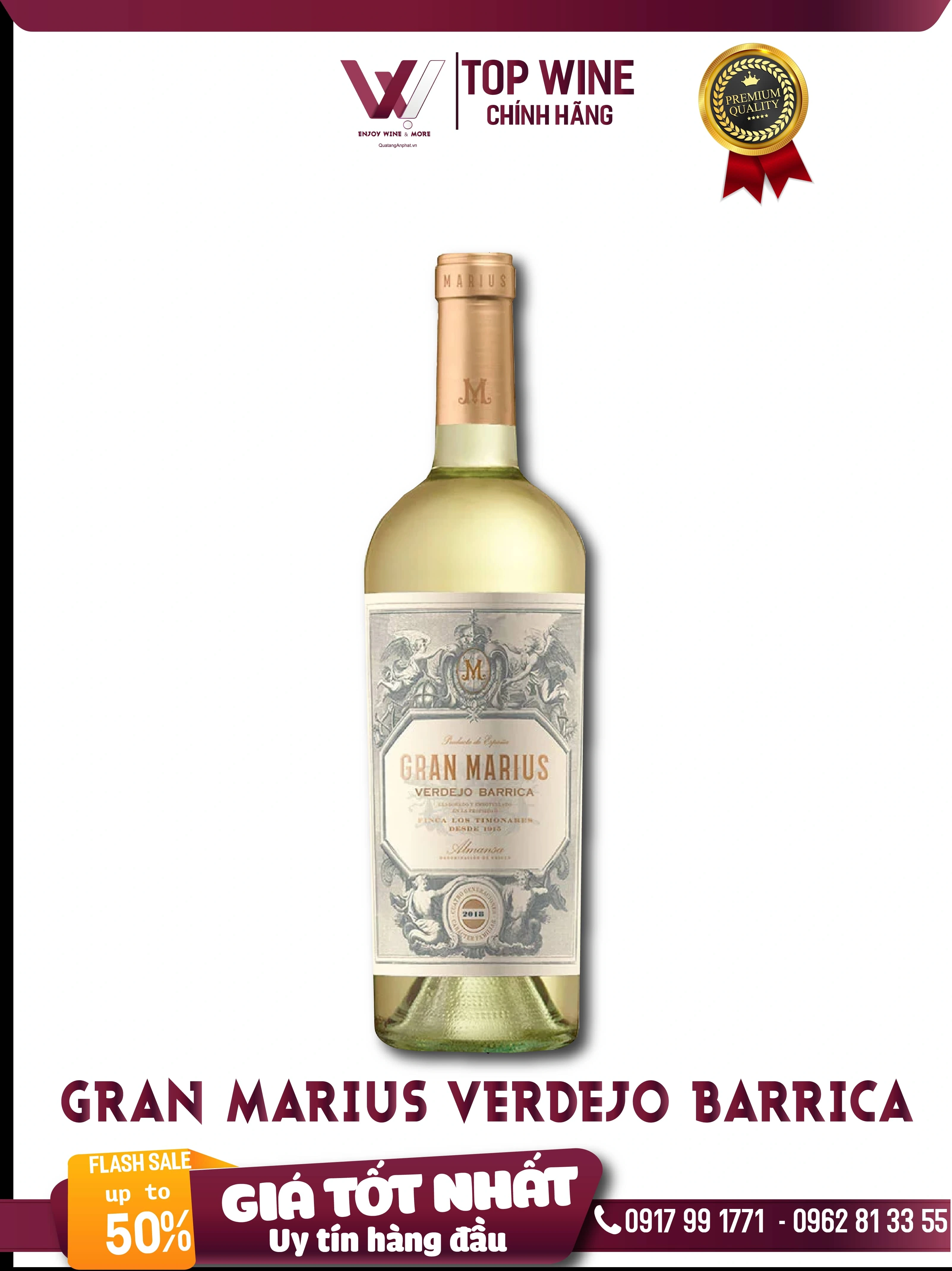 Rượu vang trắng Gran Marius Verdejo Barrica Spain 750ml 13.5% ?? Rượu vang trắng Gran Marius Verdejo Barrica Spain 750ml 13.5%