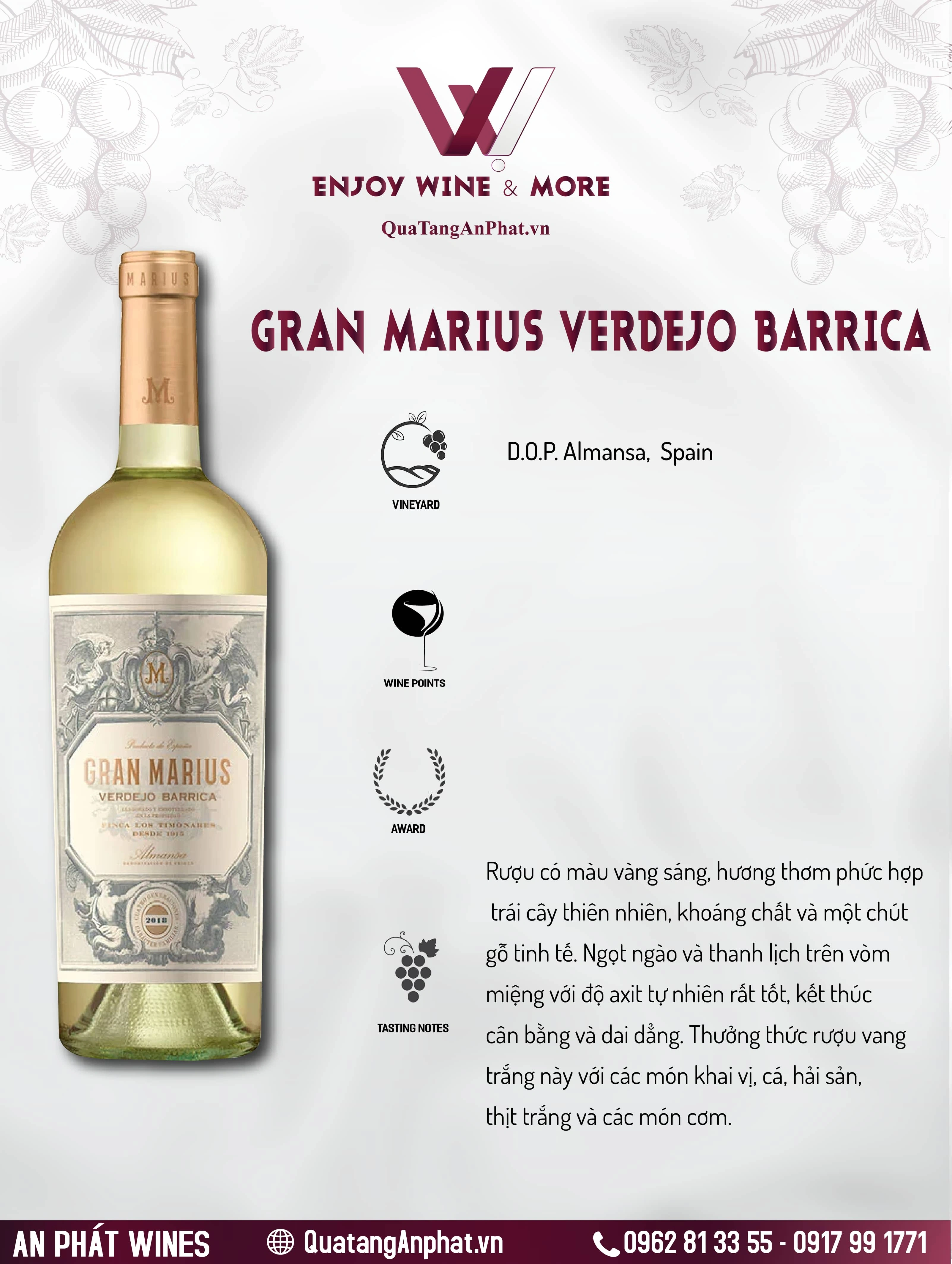Rượu vang trắng Gran Marius Verdejo Barrica Spain 750ml 13.5% ?? Rượu vang trắng Gran Marius Verdejo Barrica Spain 750ml 13.5%