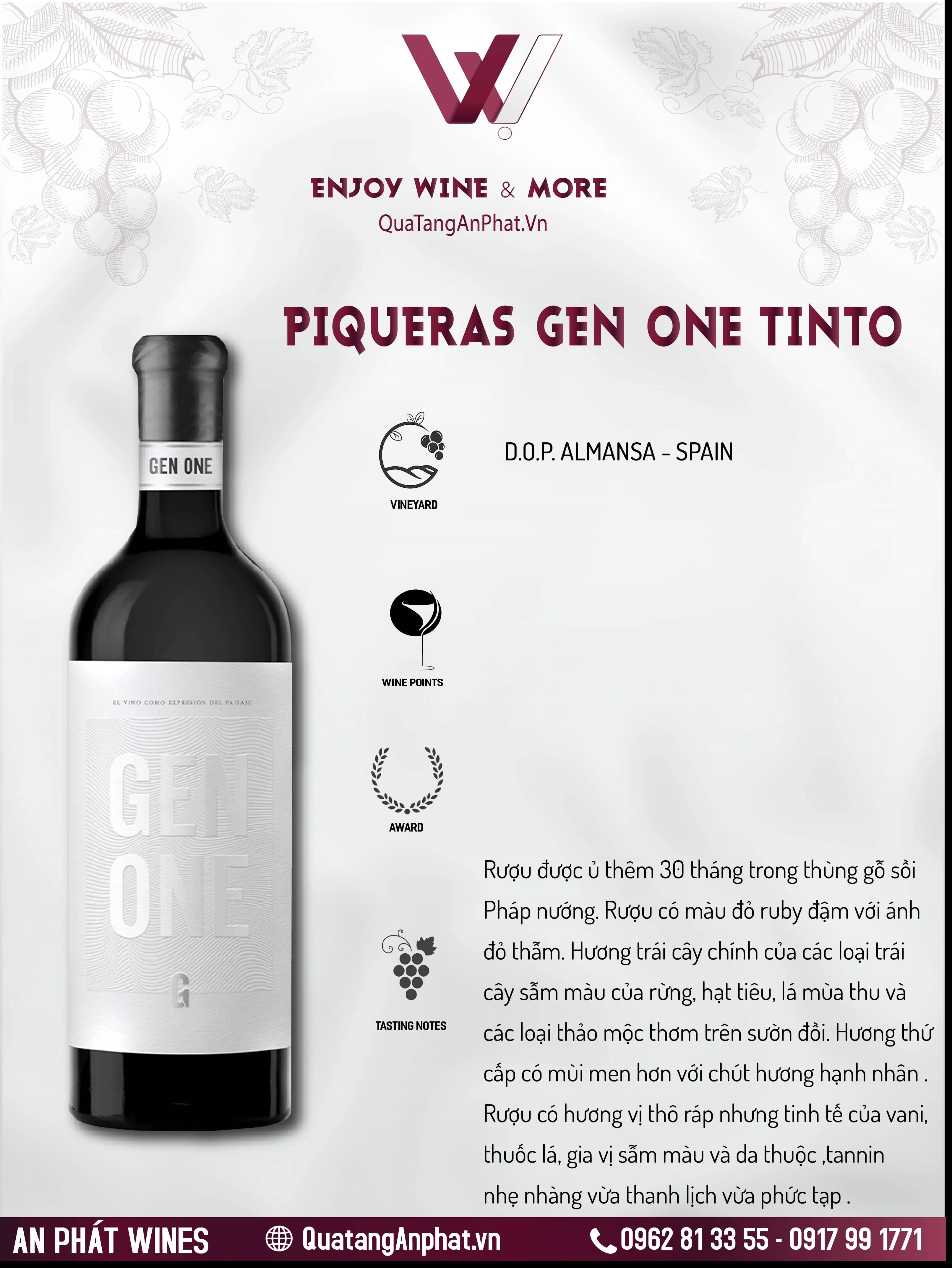 Rượu vang đỏ organic Piqueras Gen One Tinto Spain 750ml 15% ?? Rượu vang đỏ organic Piqueras Gen One Tinto Spain 750ml 15%