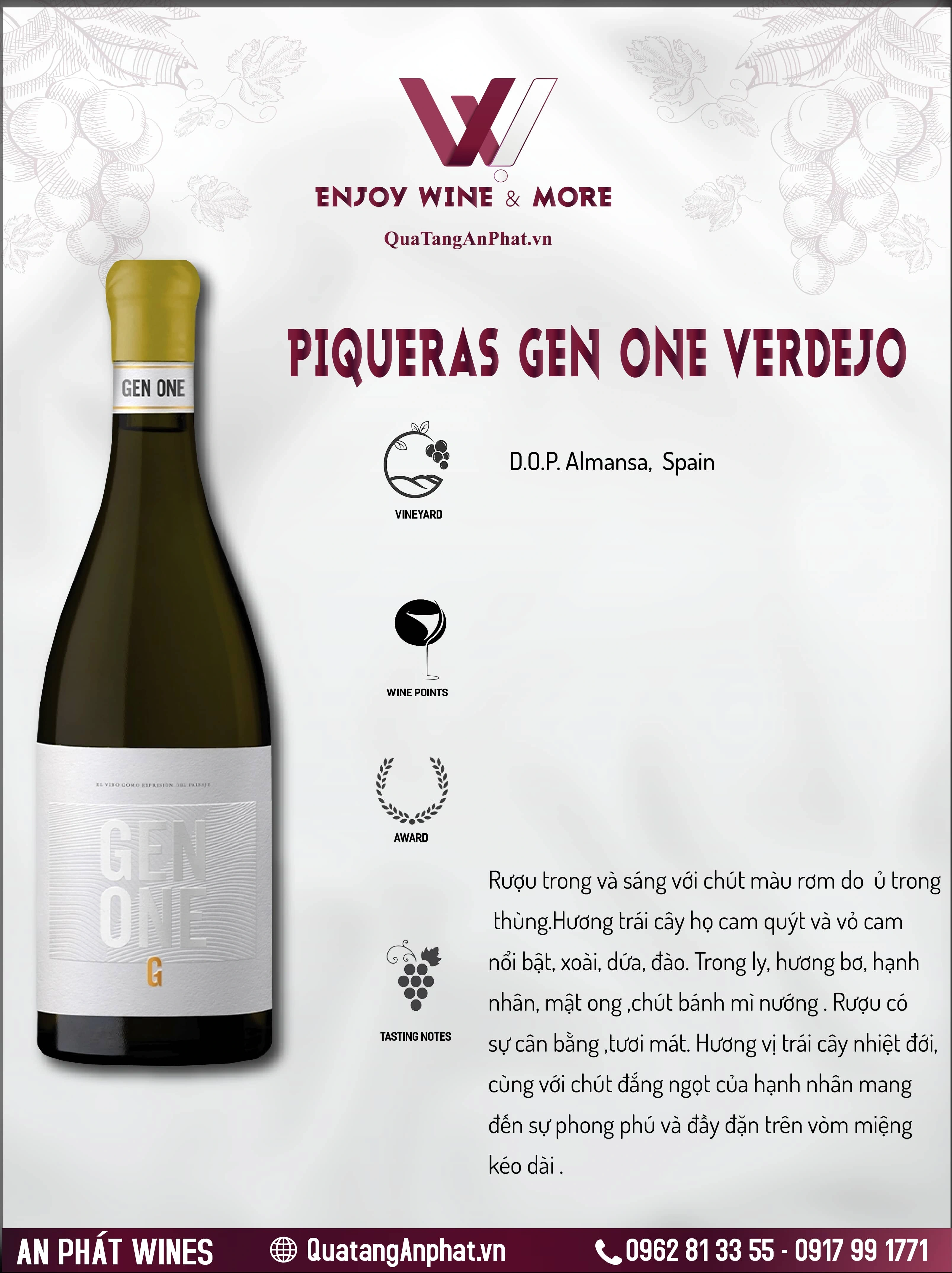 Rượu vang trắng organic Piqueras Gen One Verdejo Spain 750ml 13% ?? Rượu vang trắng organic Piqueras Gen One Verdejo Spain 750ml 13%