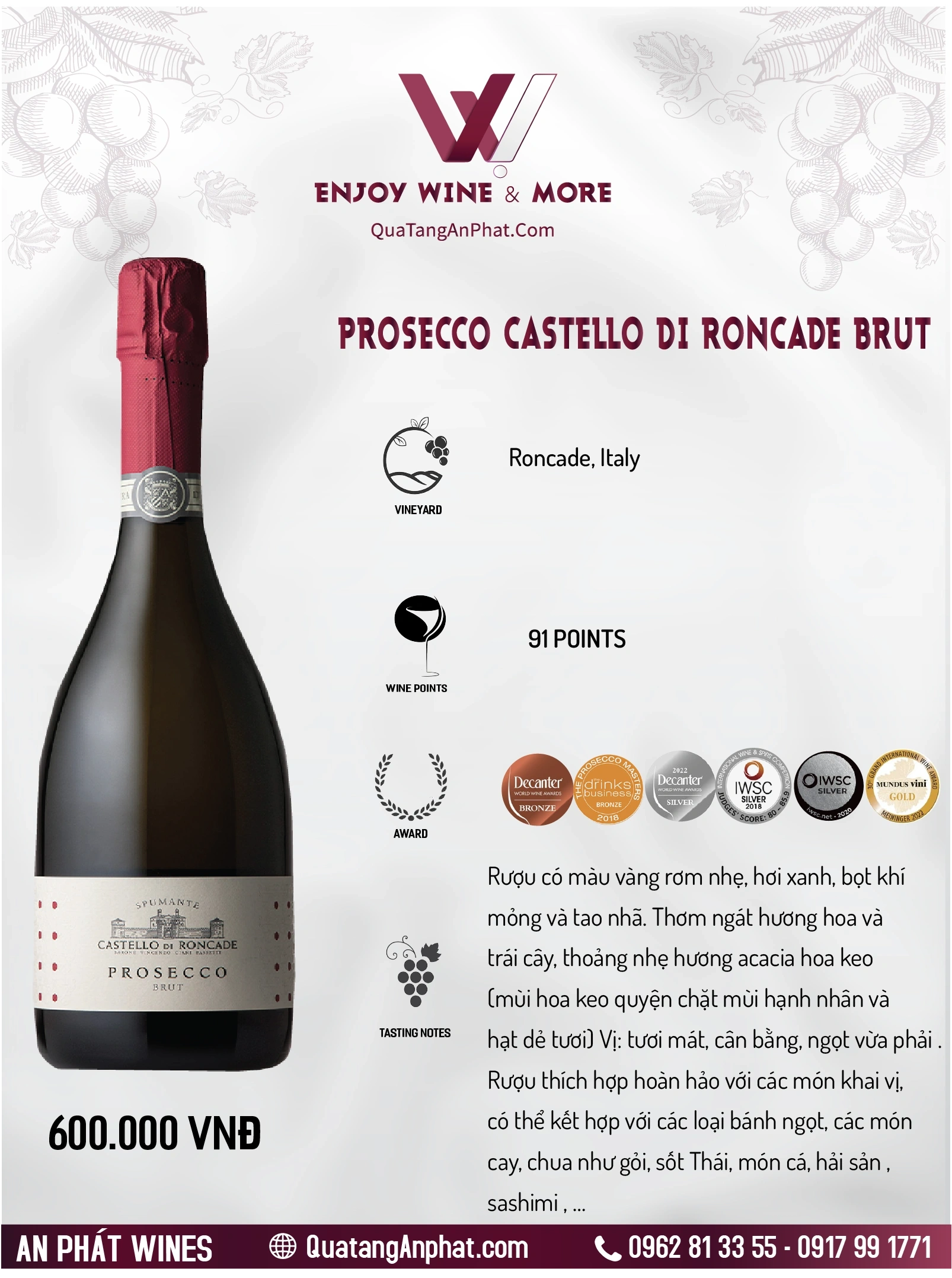 Rượu vang sủi bọt Prosecco  Castello di Roncade Brut Italy 750ml 11.5% ?? Rượu vang sủi bọt Prosecco  Castello di Roncade Brut Italy 750ml 11.5%