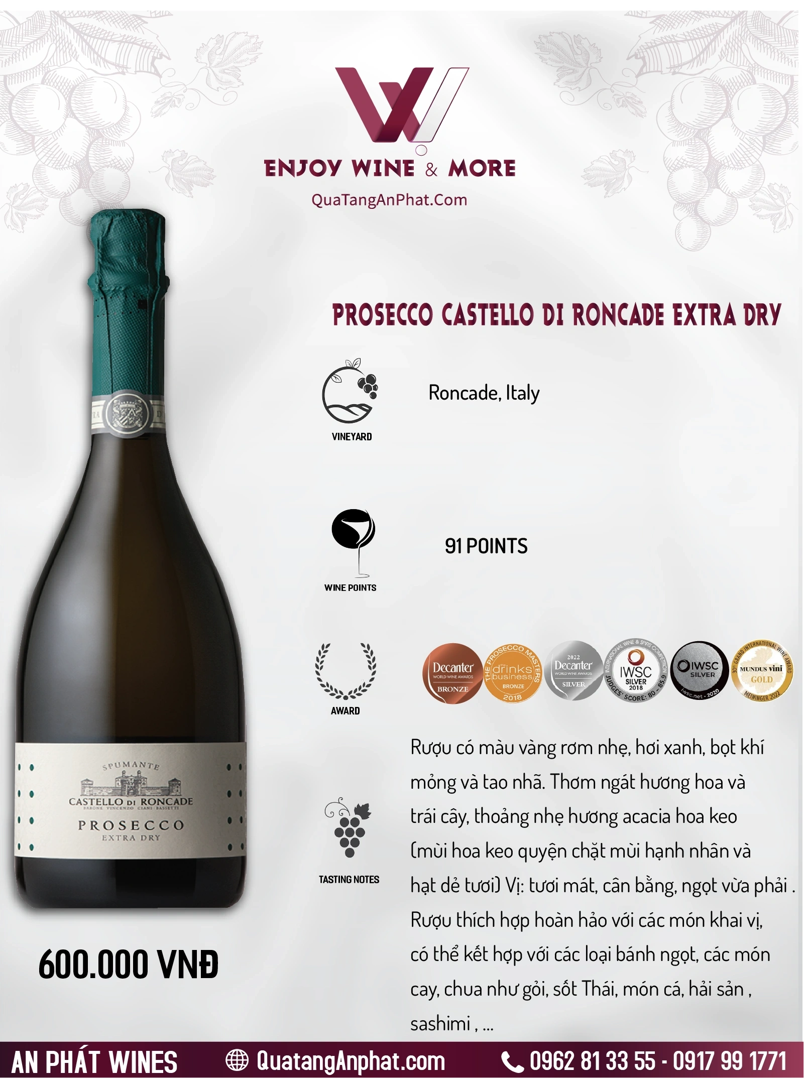 Rượu vang sủi bọt Prosecco Castello di Roncade Extra Dry Italy 750ml 11,5% ?? Rượu vang sủi bọt Prosecco Castello di Roncade Extra Dry Italy 750ml 11,5%