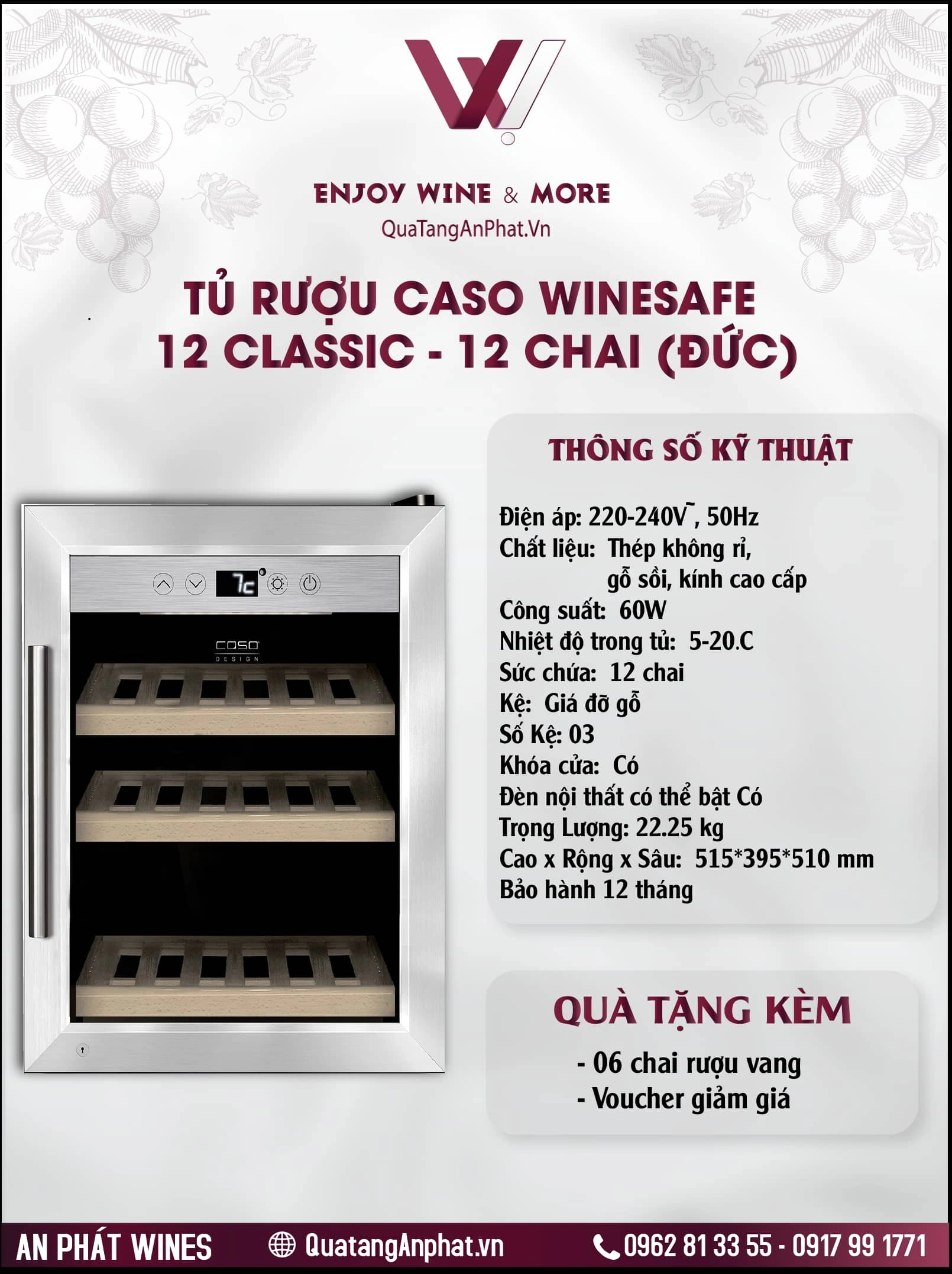 Tủ rượu Caso WineSafe 12 classic - 12 chai (Đức) ?? Tủ rượu Caso WineSafe 12 classic - 12 chai (Đức)